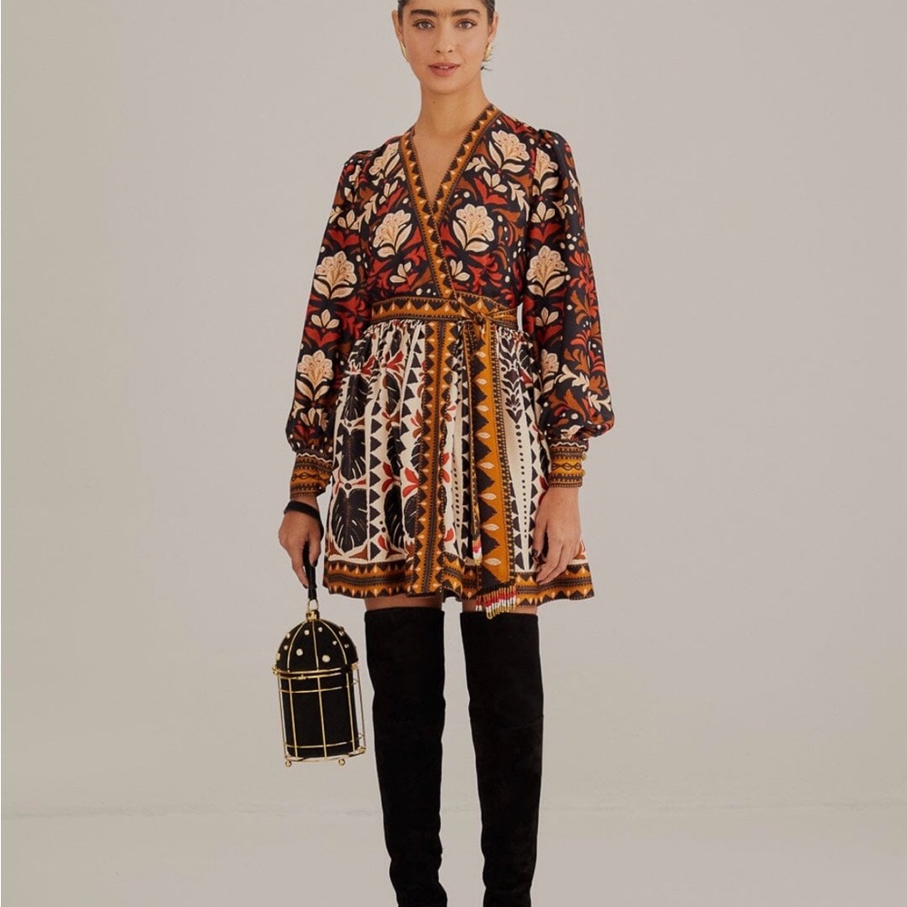 New With Tags Farm Rio Multicolor Tapestry Garden V Neck Wrap Mini Dress